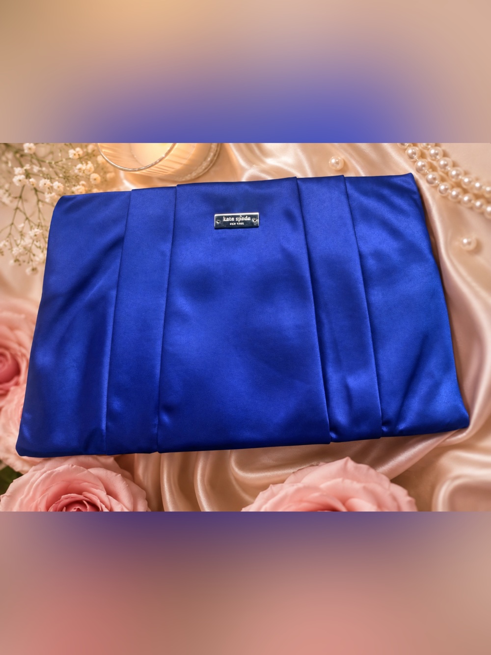 kate spade electric blue satin fold-over clutch